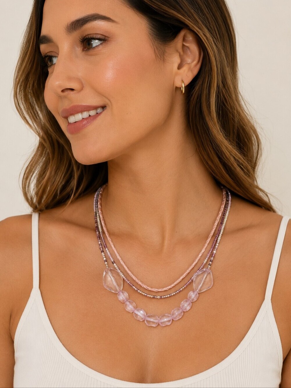 3/$30 Pink Lavendar Acrylic Beaded Twisted Multi-strand Torsade Necklace
